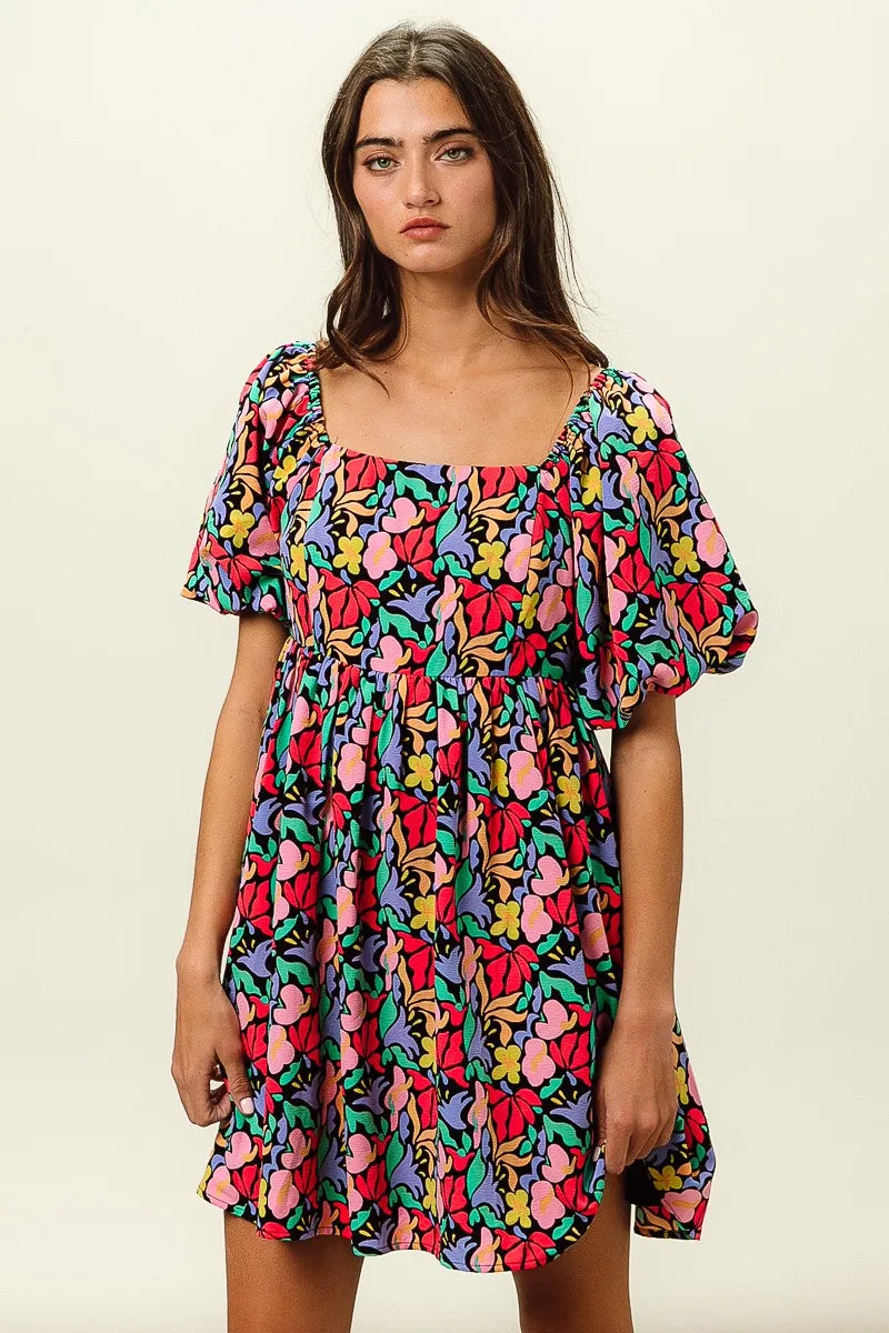 Image of BiBi Floral Print Puff Square Neck Dress | Queeble.shop