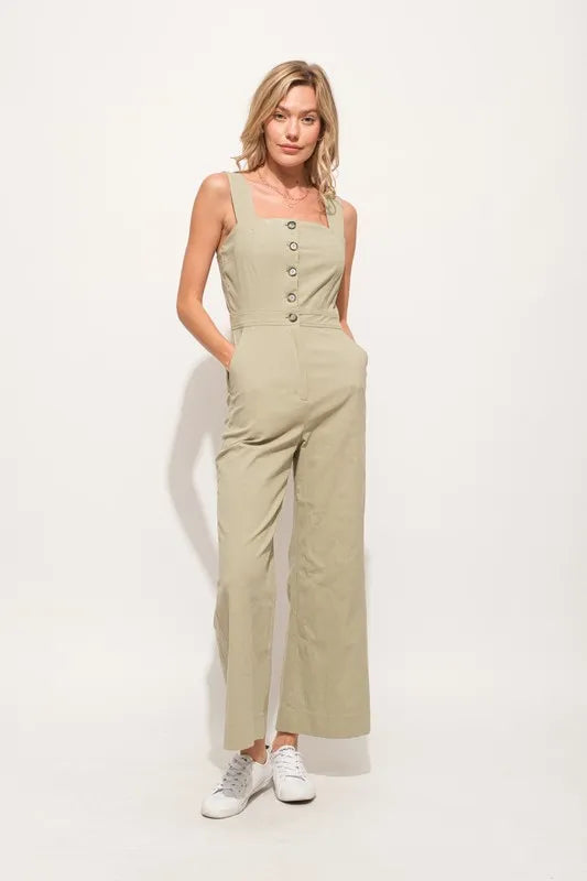 Image of And The Why Square Neck Button Down Cropped Wide Leg Jumpsuit | Queeble.shop