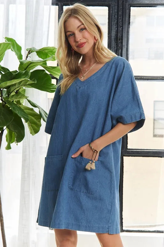 Image of ADORA V-Neck Half Sleeve Mini Denim Dress | Queeble.shop