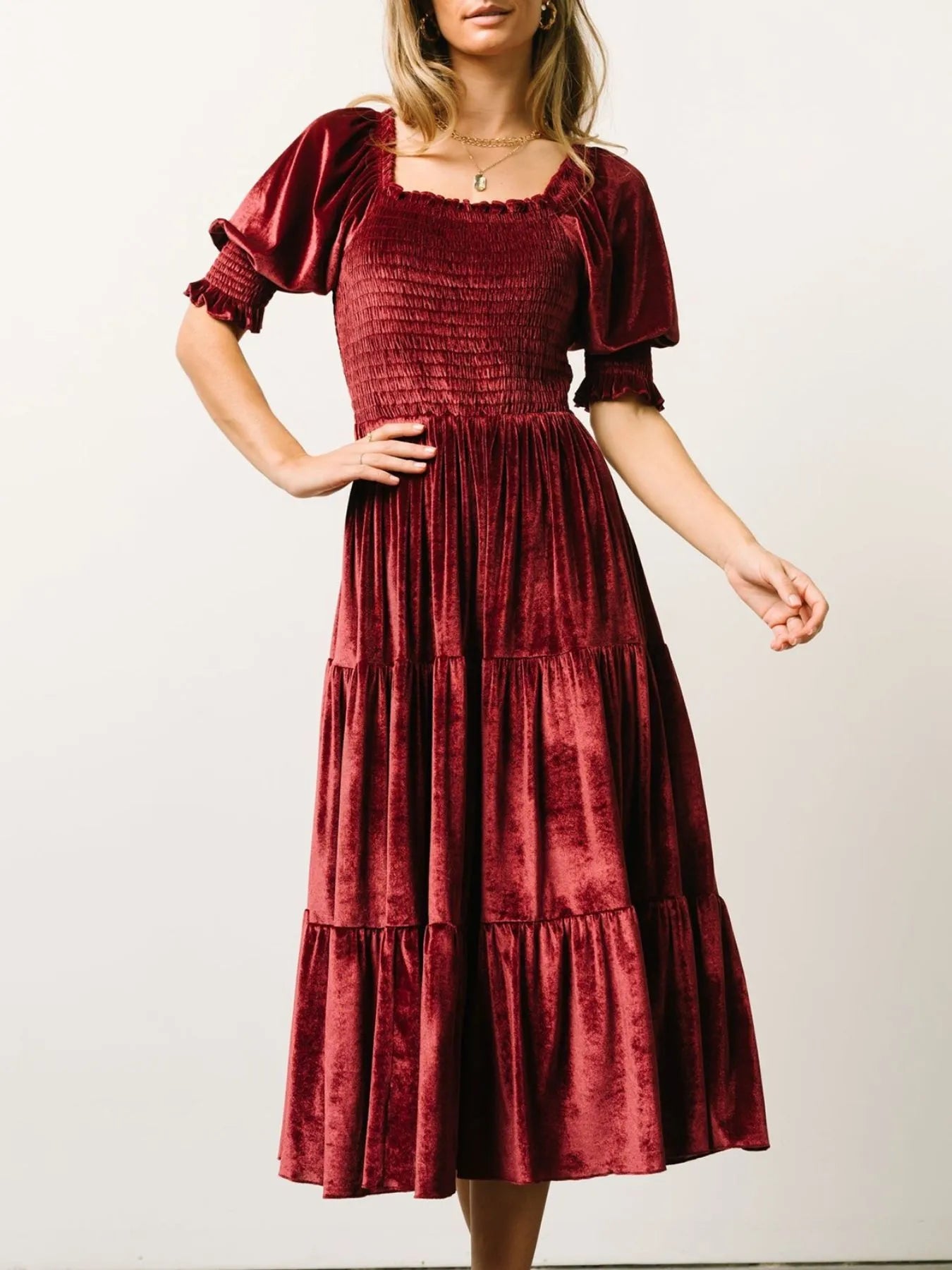 Image of Smocked Half Sleeve Tiered Midi Dress | Queeble.shop