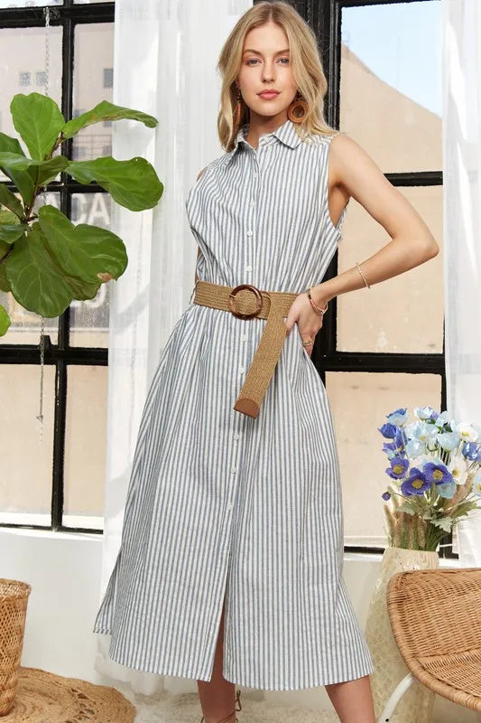 Image of ADORA Striped Button Down Sleeveless Midi Dress | Queeble.shop