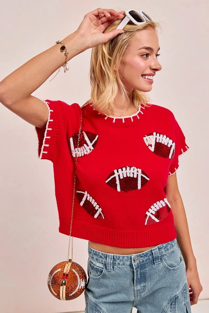 Image of BiBi Gameday Sequin Football Embroidered Stitch Sweater | Queeble.shop