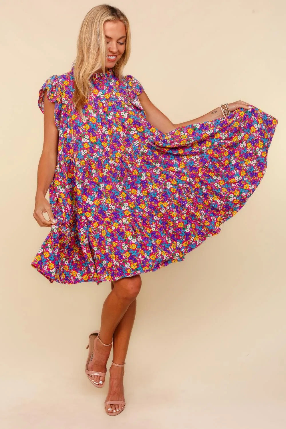 Image of Haptics Frilled Mock Neck Ditsy Floral Dress | Queeble.shop