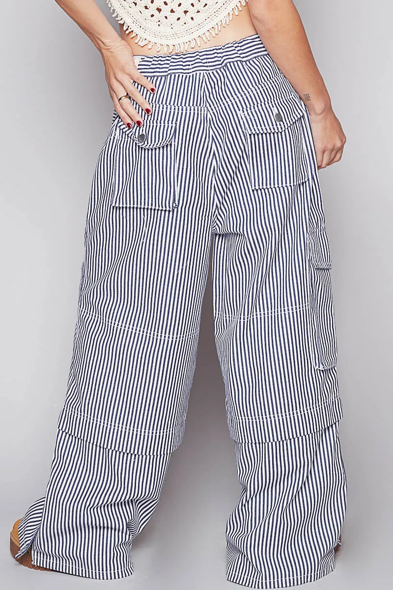 Image of POL Striped Wide Leg Pants with Cargo Pockets | Queeble.shop