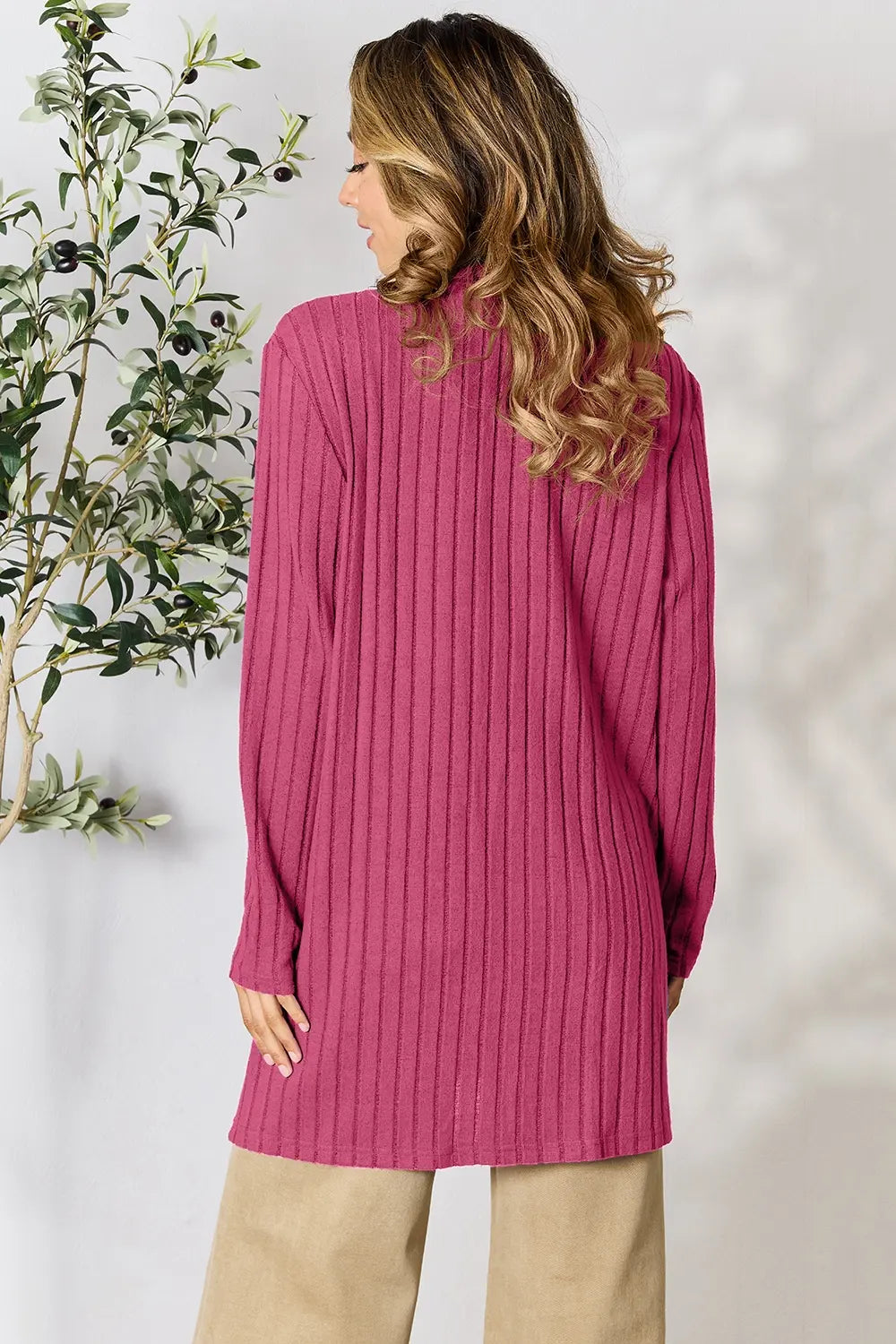 Image of Basic Bae Full Size Ribbed Open Front Cardigan with Pockets | Queeble.shop