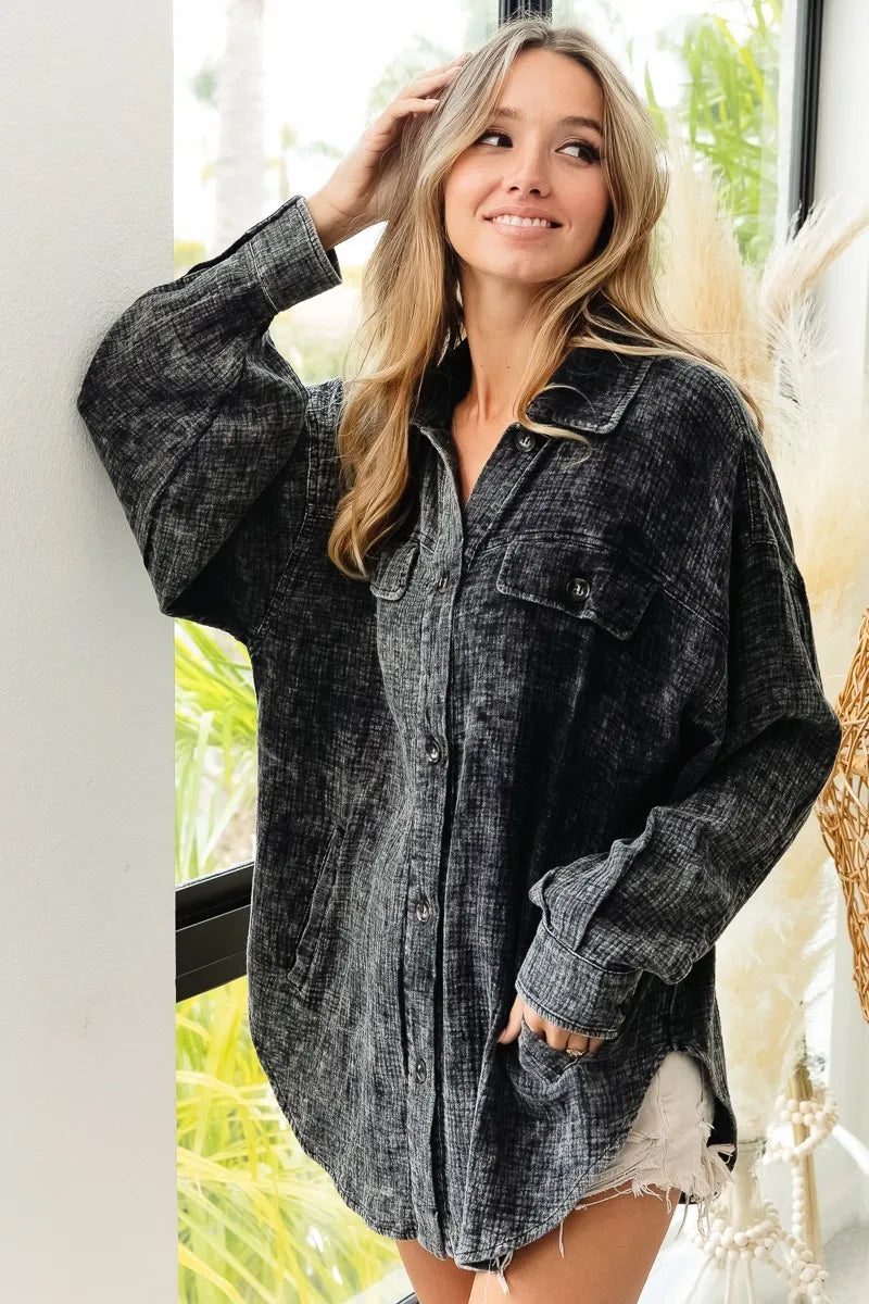 Image of BiBi Vintage Washed Wrinkle Gauze Shacket | Queeble.shop