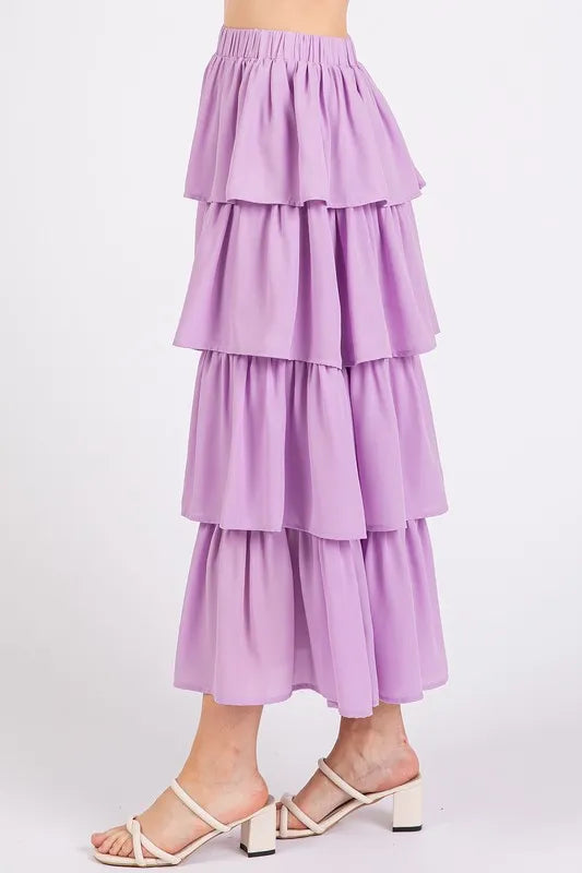 Image of Mittoshop Chiffon Ruffle Layer Elastic Waist Midi Skirt | Queeble.shop