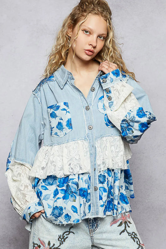 Image of POL Floral Patchwork Denim Shirt with Lace Trim Details | Queeble.shop