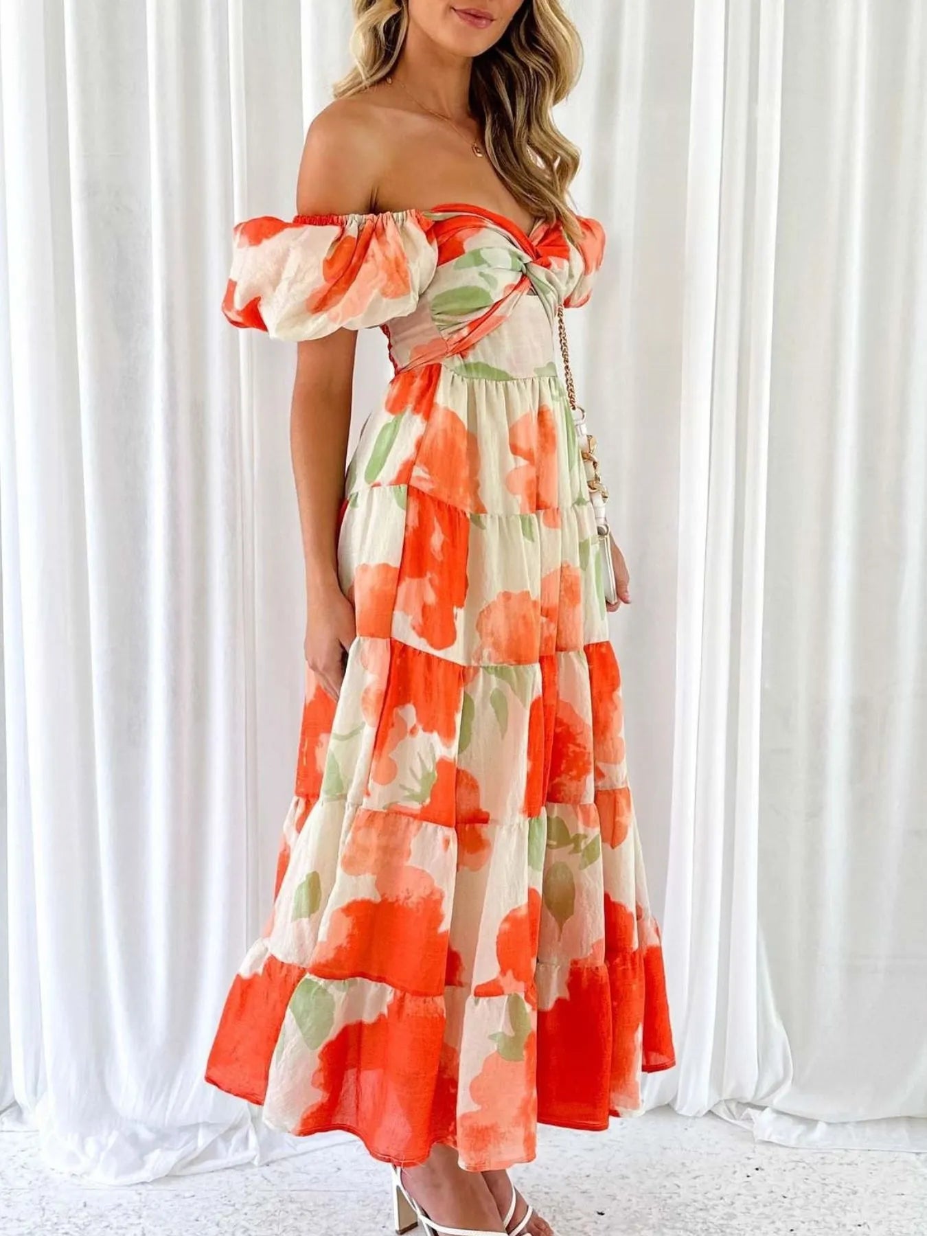 Image of Off-Shoulder Floral Tiered Dress with Ruffle Details | Queeble.shop
