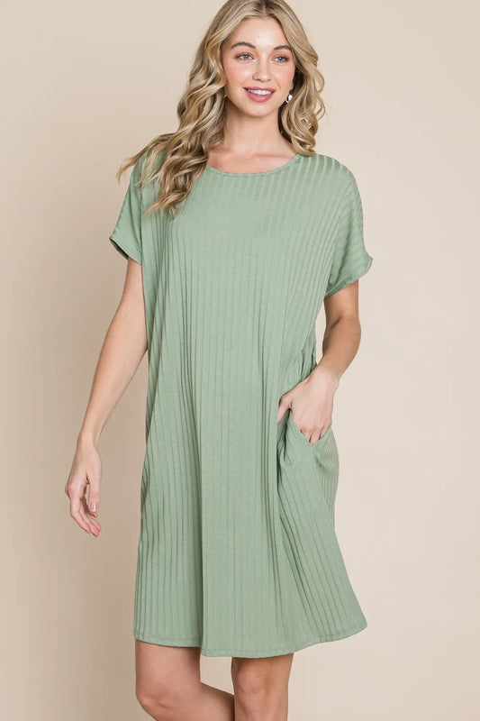 Image of BOMBOM Ribbed Round Neck Short Sleeve Dress | Queeble.shop