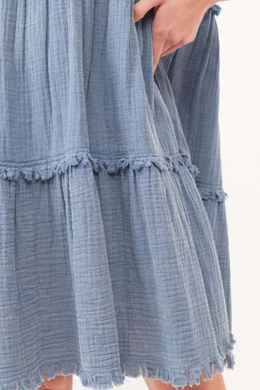Image of And The Why Washed Frayed Detail Tiered Dress | Queeble.shop