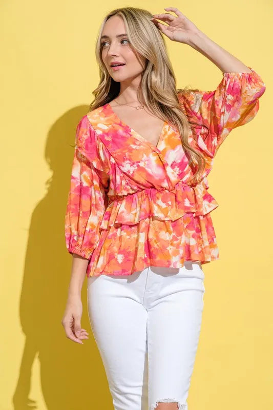 Image of And The Why Ruffled Printed Puff Sleeve Blouse | Queeble.shop
