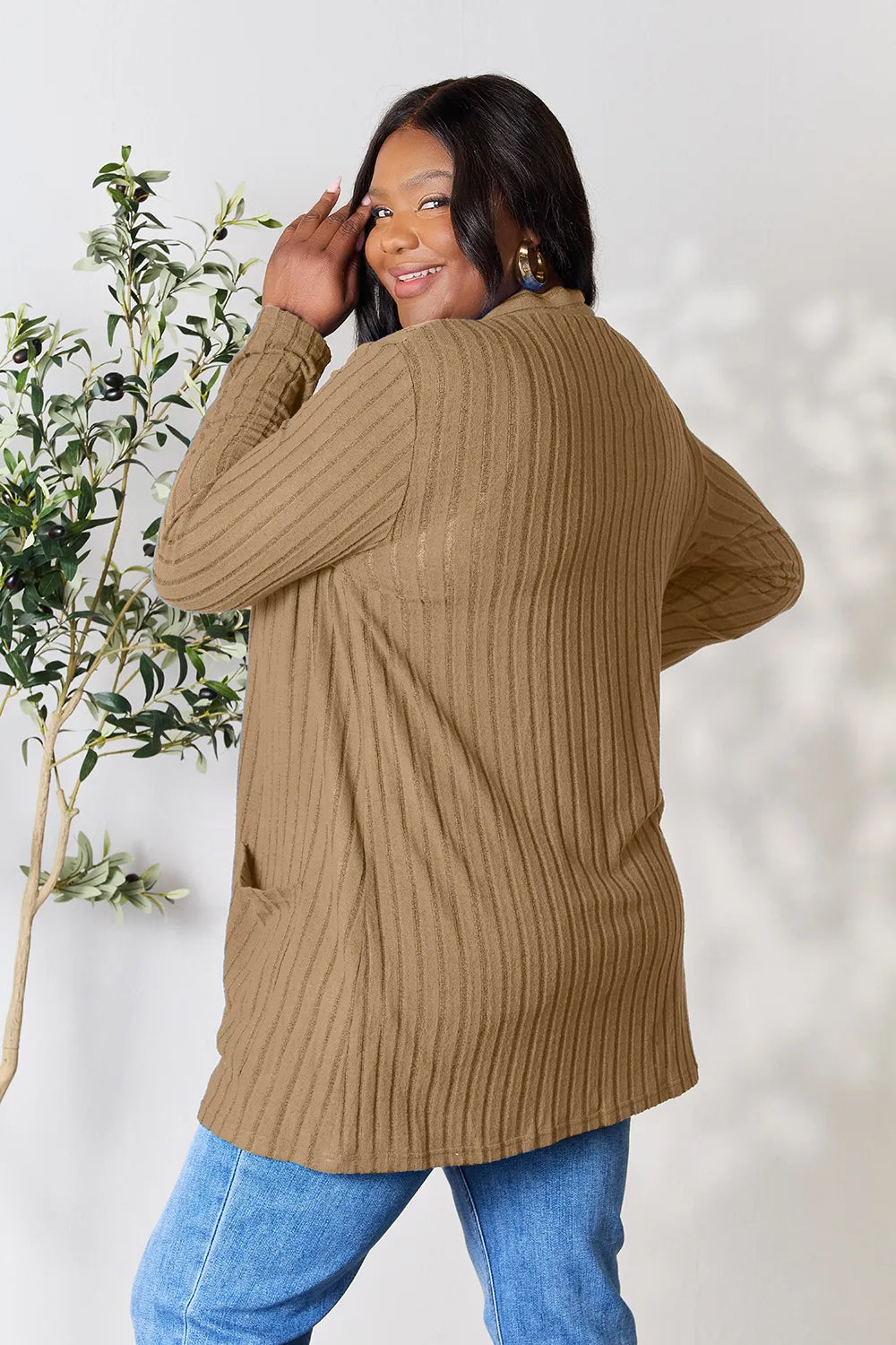 Image of Basic Bae Full Size Ribbed Open Front Cardigan with Pockets | Queeble.shop
