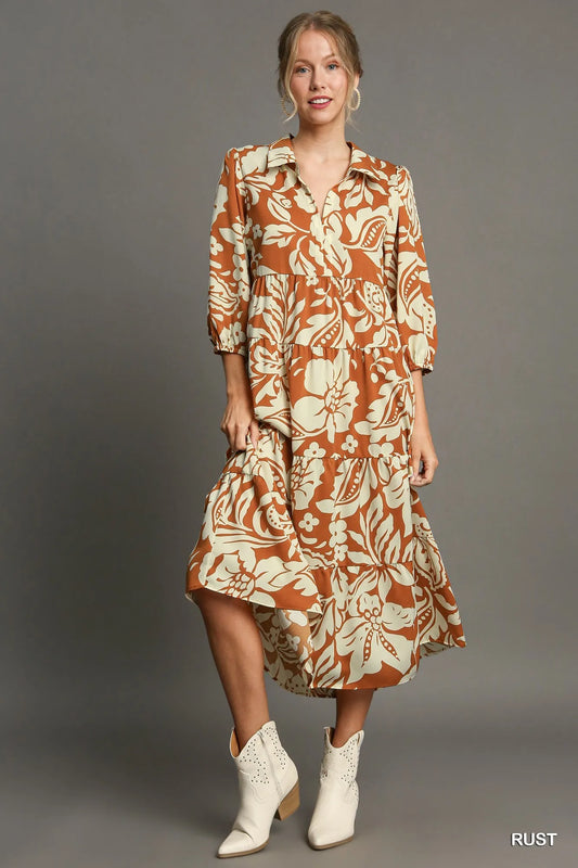Image of Umgee Full Size Floral Tiered Midi Shirt Dress Plus Size | Queeble.shop