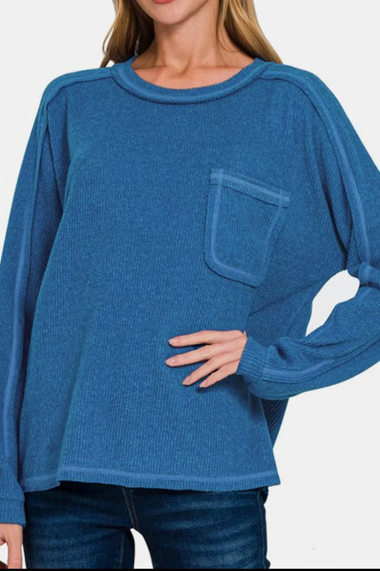 Image of Zenana Full Size Contrast Stitching Brushed Ribbed Hacci Knit Top Plus Size | Queeble.shop