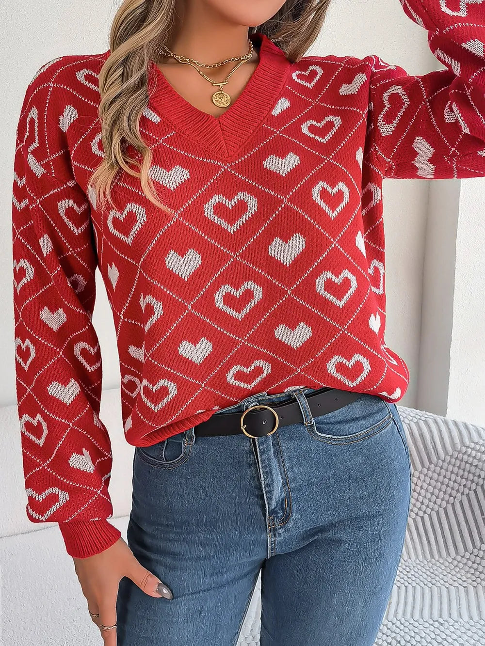 Image of Heart Pattern V-Neck Long Sleeve Sweater | Queeble.shop