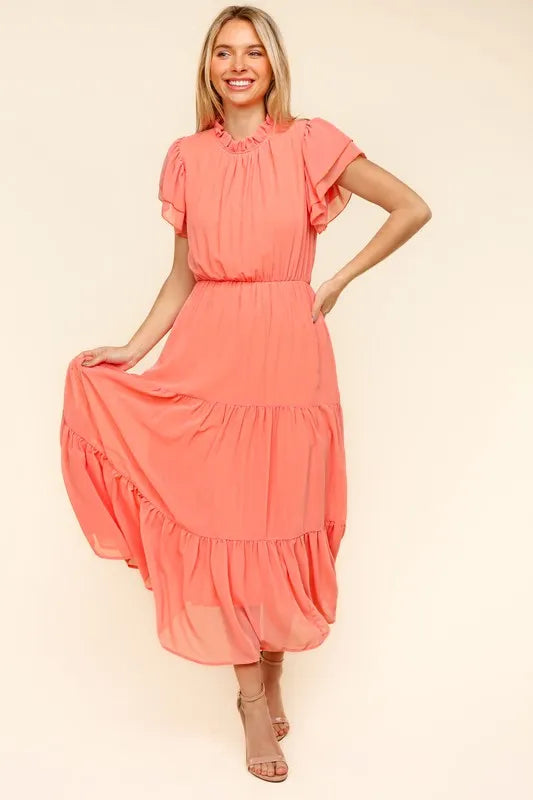 Image of Haptics Full Size Tiered Frill Mock Neck Short Sleeve Dress | Queeble.shop