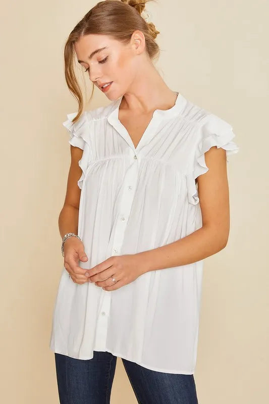Image of Annie Wear Ruffle Sleeve Shirred Flowy Woven Tunic Shirts | Queeble.shop