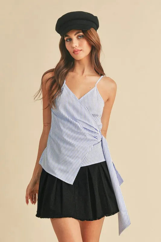 Image of Aemi + Co Side Knotted Surplice Striped Cami | Queeble.shop