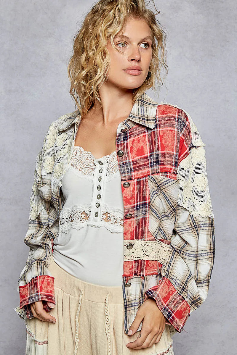 Image of POL Lace Patchwork Plaid Oversized Shirt | Queeble.shop