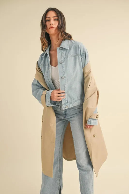 Image of MABLE Layered Look Trench Coat With Denim Jacket | Queeble.shop