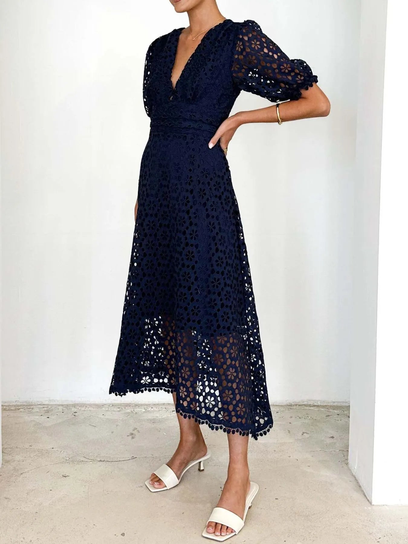Image of Eyelet Lace V-Neck Midi Dress with Puff Sleeves | Queeble.shop