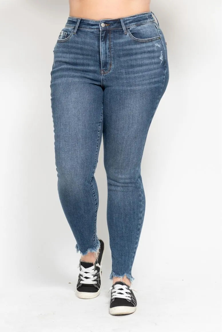 Image of Judy Blue Plus Size High Waist Skinny with Destroy & Shark Bit Hem | Queeble.shop