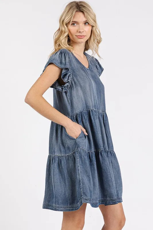 Image of Mittoshop V-Neck Ruffled Cap Sleeve Mini Dress | Queeble.shop