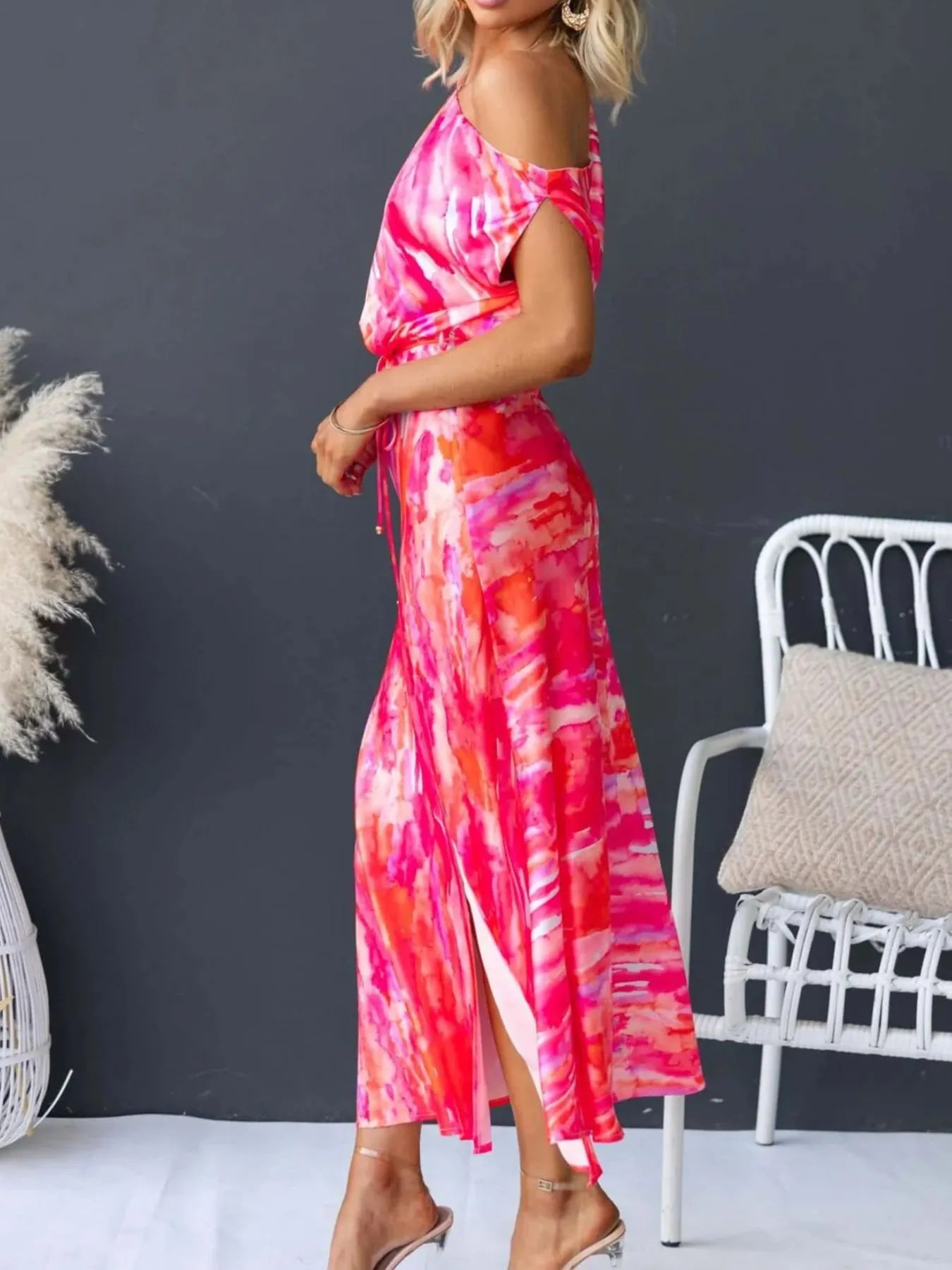 Image of One Shoulder Printed Dress with Slit | Queeble.shop