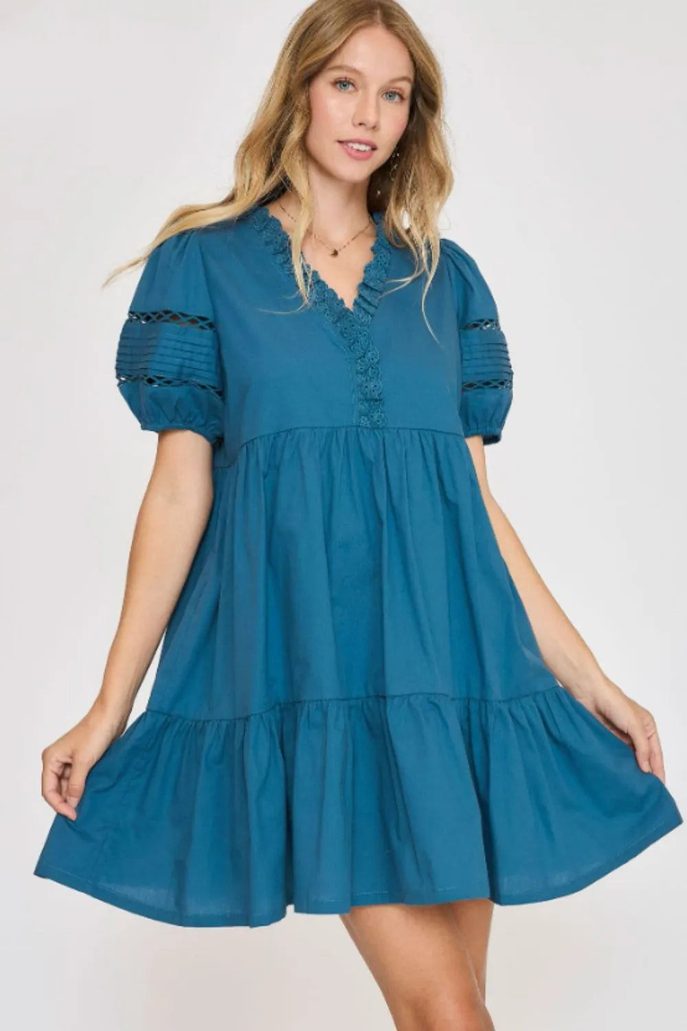 Image of Umgee USA Full Size Lace Detail Puff Sleeve Mini Dress Plus Size | Queeble.shop