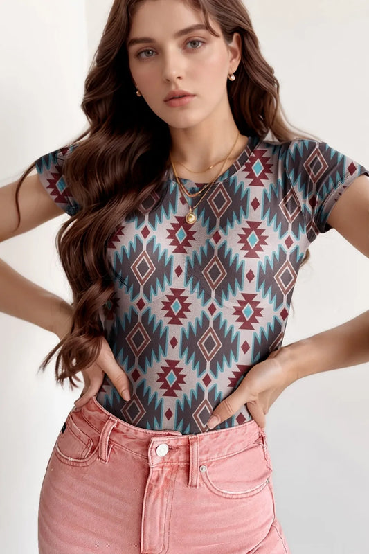 Image of Western Aztec Print Mesh Slim T Shirt | Queeble.shop