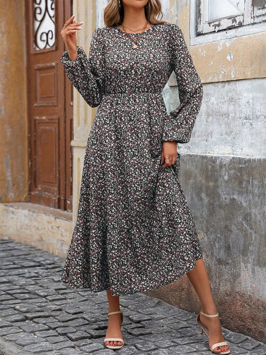 Image of Printed Long Sleeve Midi Dress with Elastic Waist | Queeble.shop