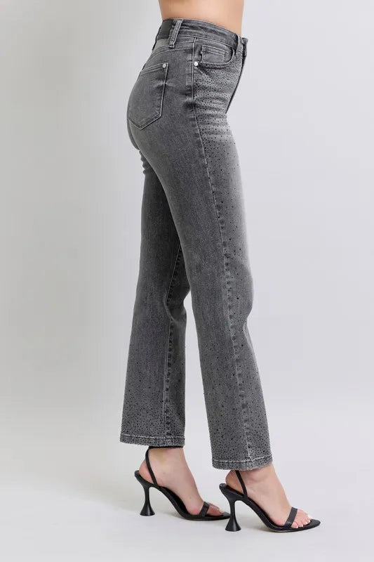 Image of Judy Blue Full Size High Waist Rhinestone Straight Jeans Plus Size | Queeble.shop