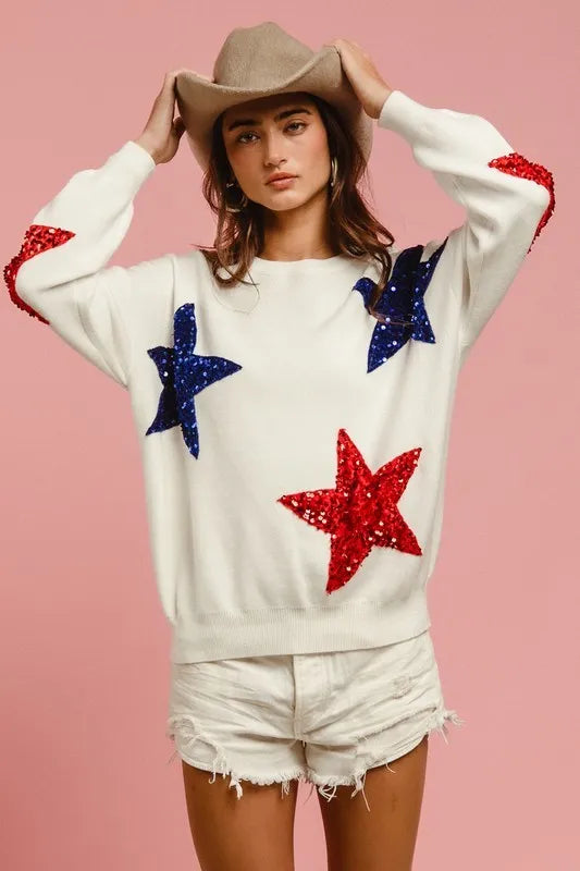 Image of BiBi Velvet Sequin Star Patches Sweater Top | Queeble.shop