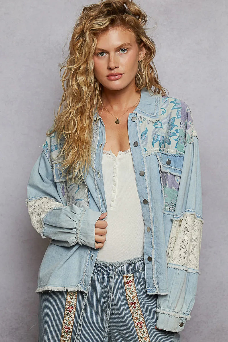 Image of POL Printed Woven Mix Raw Hem Jacket with Lace Detail | Queeble.shop
