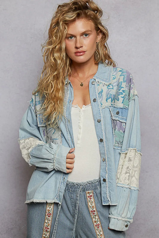 Image of POL Printed Woven Mix Raw Hem Jacket with Lace Detail | Queeble.shop