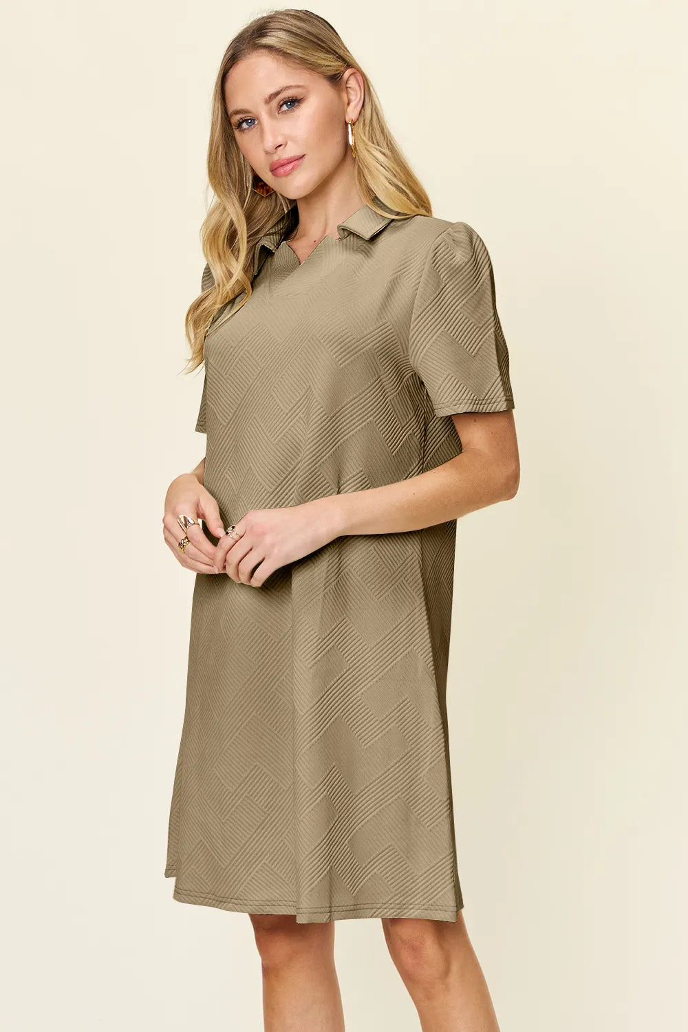 Image of Double Take Full Size Texture Collared Neck Short Sleeve Dress | Queeble.shop