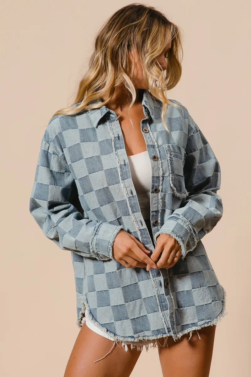 Image of BiBi Frayed Edged Detail Washed Checker Denim Shirt | Queeble.shop