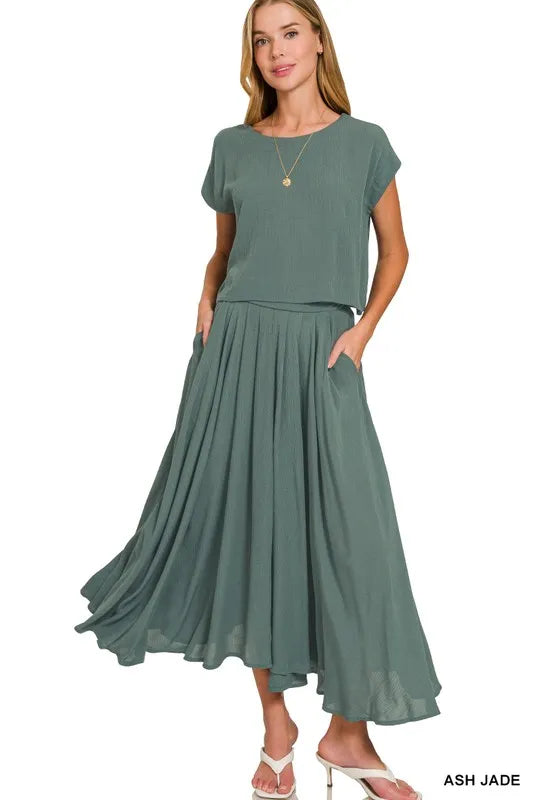 Image of Zenana Woven Crinkle Gauze Crop Tee and Skirt Set | Queeble.shop