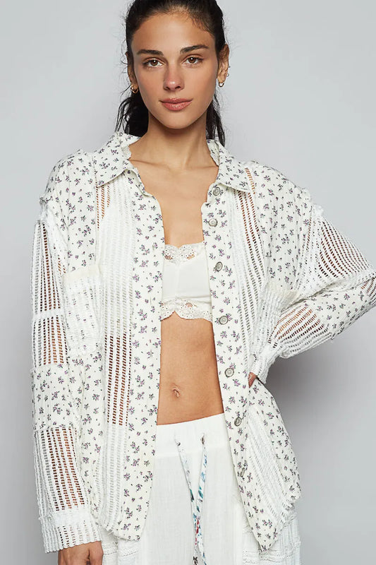 Image of POL Floral Crochet Patchwork Long Sleeve Shirt | Queeble.shop
