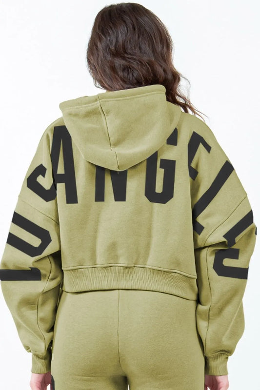 Image of American Bazi Letter Graphic Long Sleeve Drawstring Cropped Hoodie | Queeble.shop