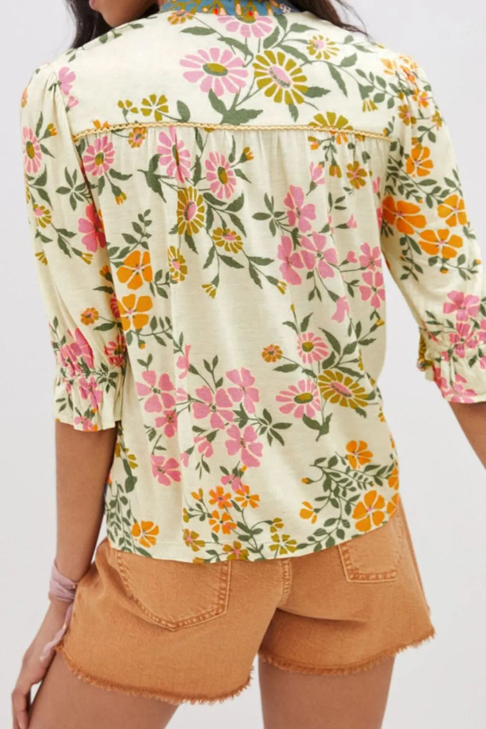 Image of Multicolour Crochet V Neck Half Sleeve Boho Floral Blouse | Queeble.shop