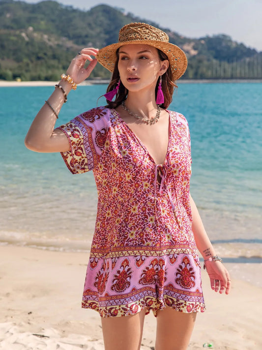 Image of Printed V-Neck Short Sleeve Romper | Queeble.shop