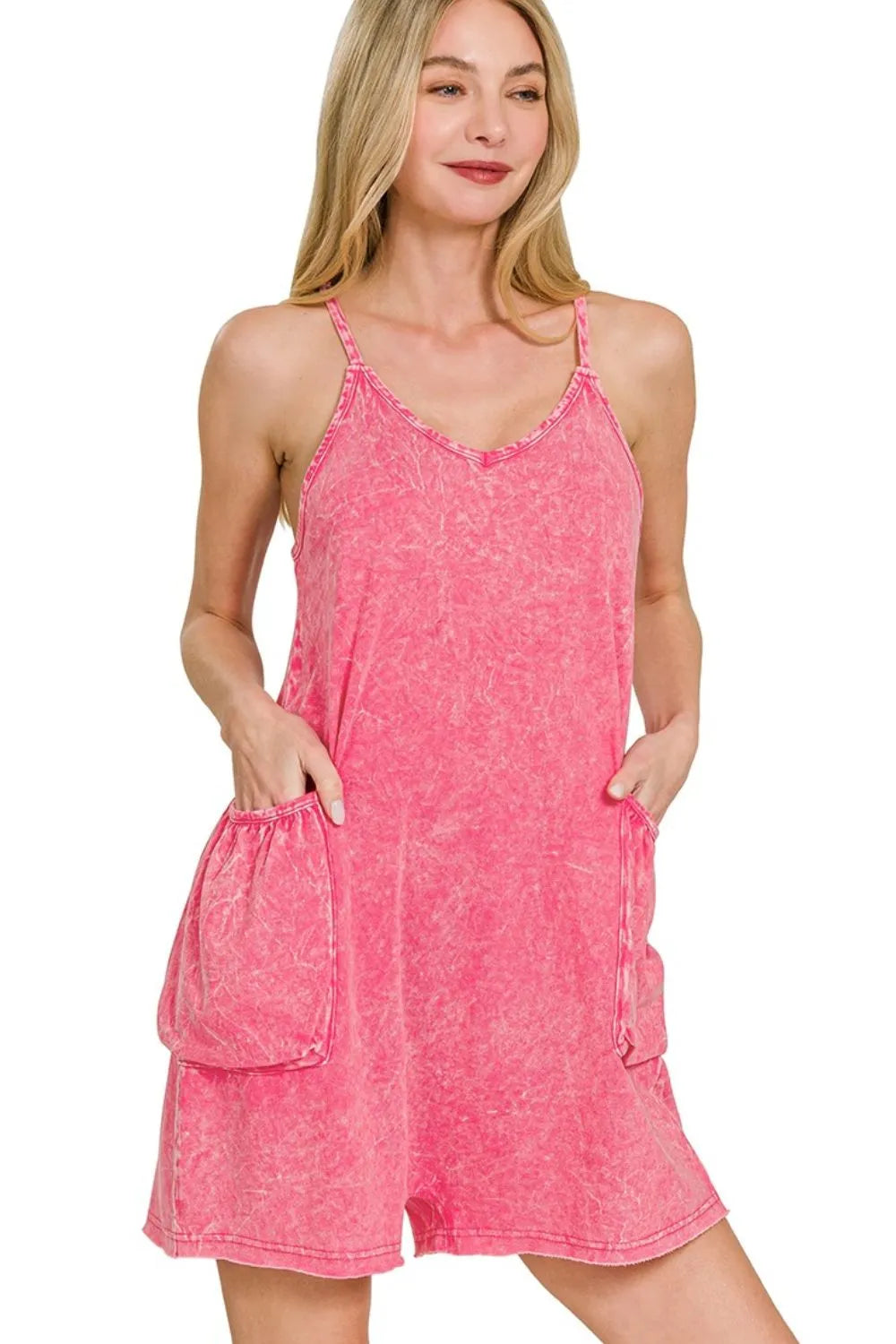 Image of Zenana Acid Crinkle Washed Spaghetti Strap Romper | Queeble.shop