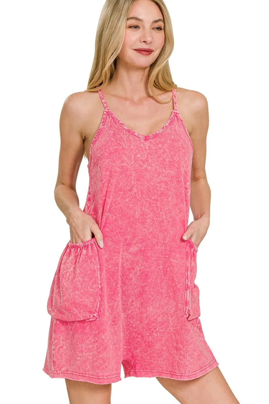 Image of Zenana Acid Crinkle Washed Spaghetti Strap Romper | Queeble.shop