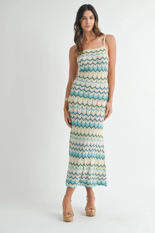 Image of MABLE Lightweight Pointelle Chevron Knit Maxi Dress | Queeble.shop