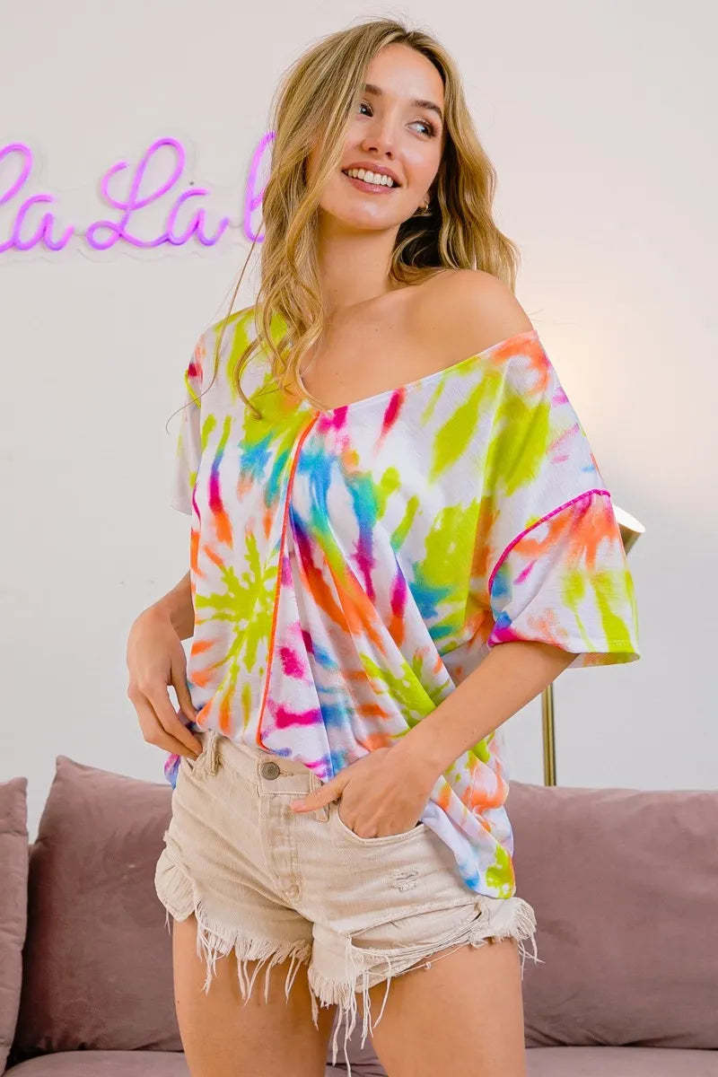Image of BiBi Tie Dye Print Jersey Stitched V Neck Top | Queeble.shop