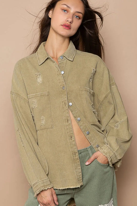 Image of POL Button Down Raw Hem Distressed Shacket | Queeble.shop