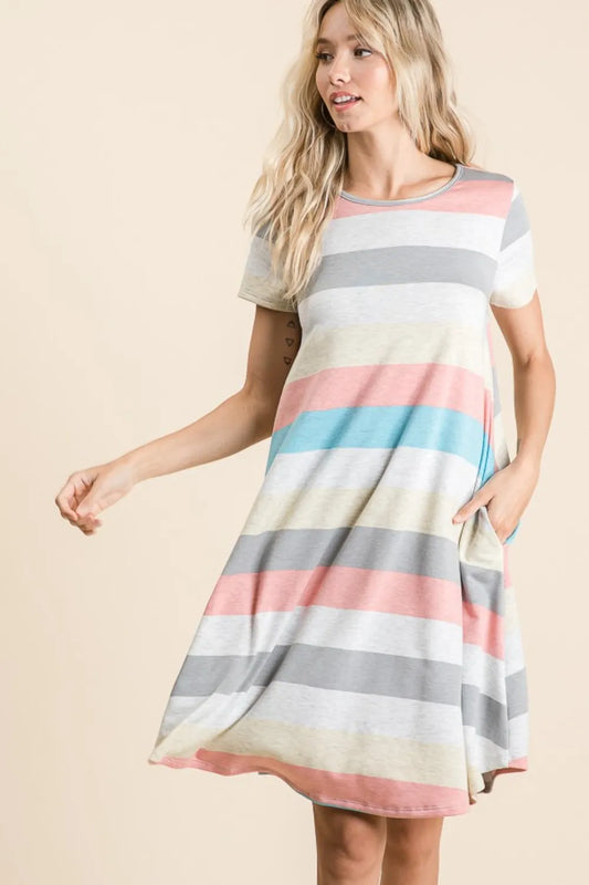 Image of BOMBOM Striped Short Sleeve Dress with Pockets | Queeble.shop
