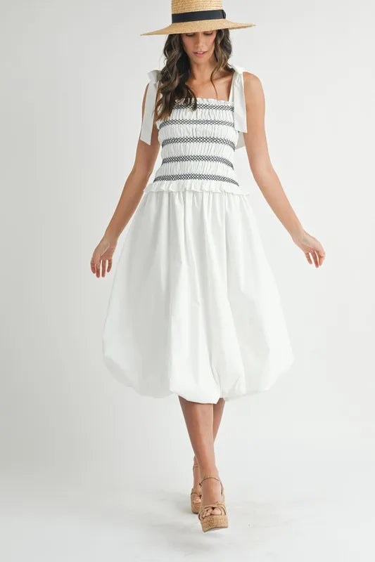 Image of MABLE Smocked Bodice Bubble Midi Dress | Queeble.shop
